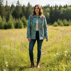 Indigo Moon Vintage Quilted Art to Wear Jacket Womens Size Small Blue Embellish